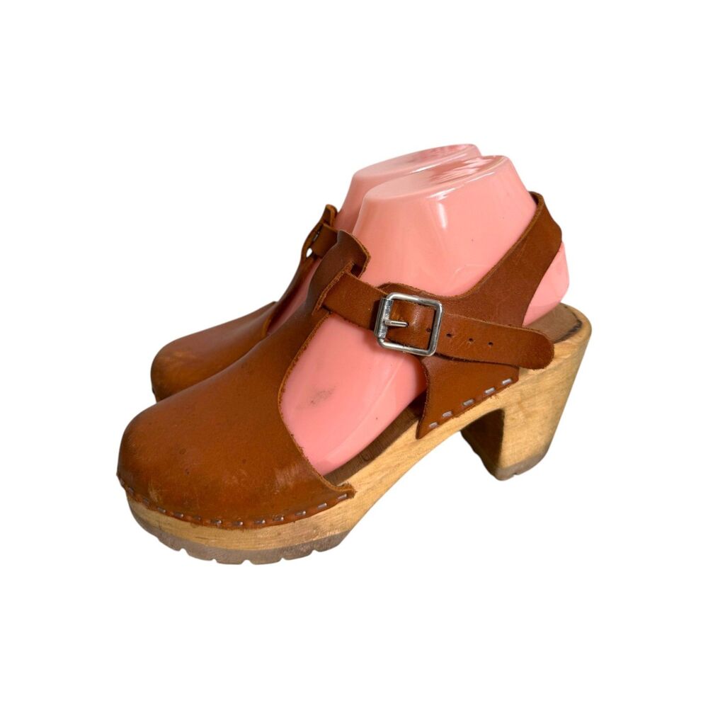 Lotta's from Stockholm Leather Wood Chunky Heel Mary Jane Clogs EU 37 US 6.5